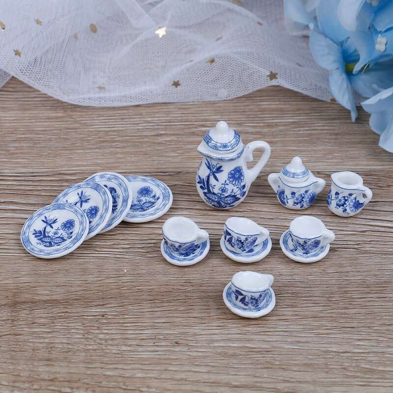 Miniature Tea Set (for Printer's Tray/Dollhouse) Blue & White 'Delft' Style