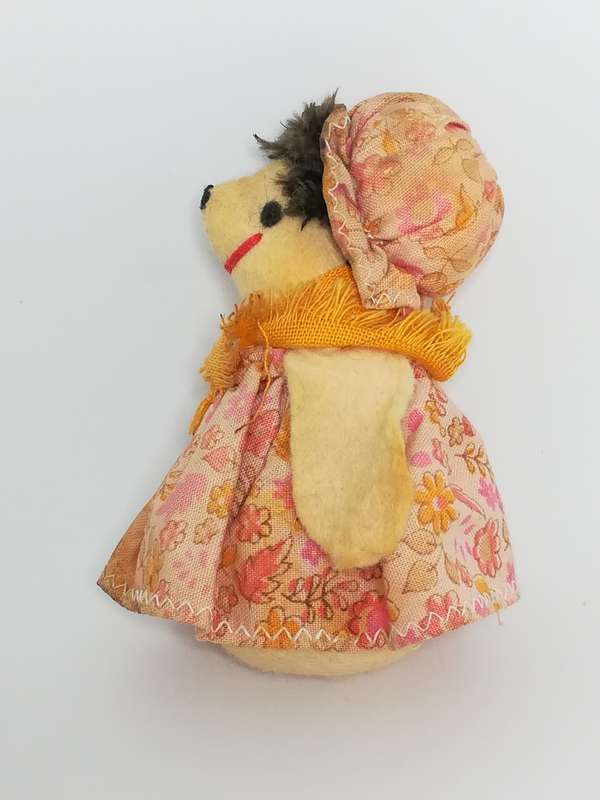 Small Stuffed Cream White Mouse Dressed in Pink Outfit & Yellow Scarf