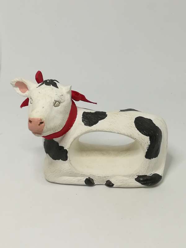Black & White Ceramic Serviette Holder Cow with Red Ribbon Around The Neck