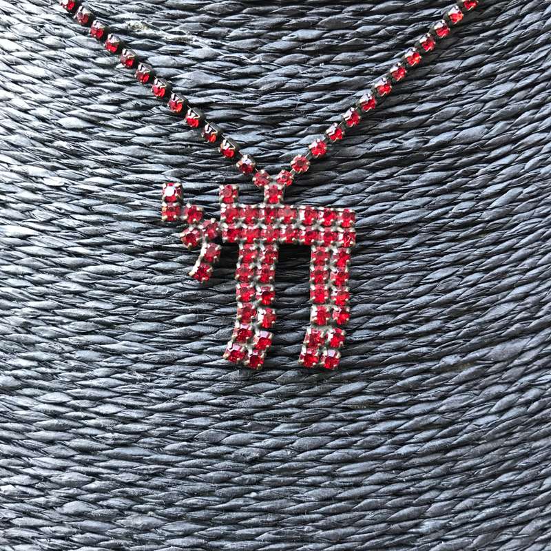 Necklace Red Chai Life Pendant Crystal diamante in pewter