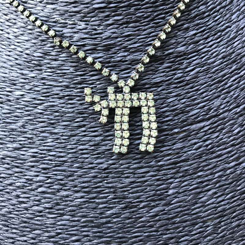 Necklace Green Diamante Chai Life Pendant on green diamante pewter chain