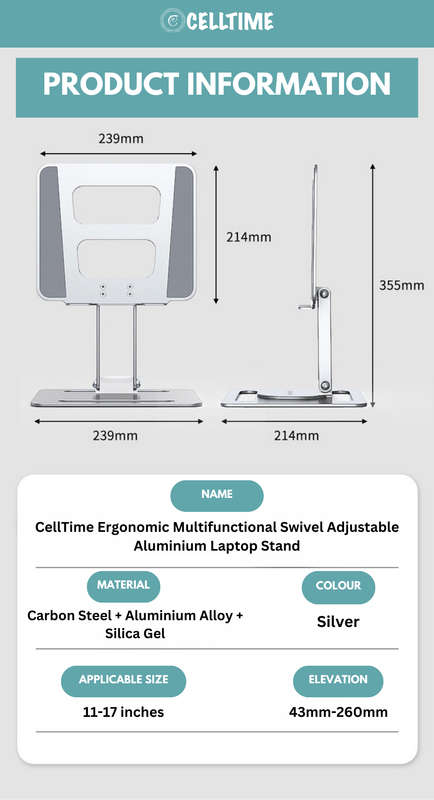 CellTime Ergonomic Multifunctional Swivel Adjustable Aluminium Laptop Stand
