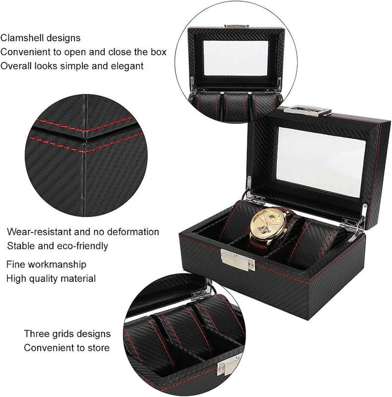 3 Slot Watch Box Organizer Carbon Fiber Look PU Leather