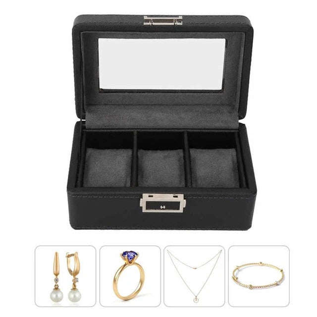 3 Slot Watch Box Organizer PU Leather With Glass Top