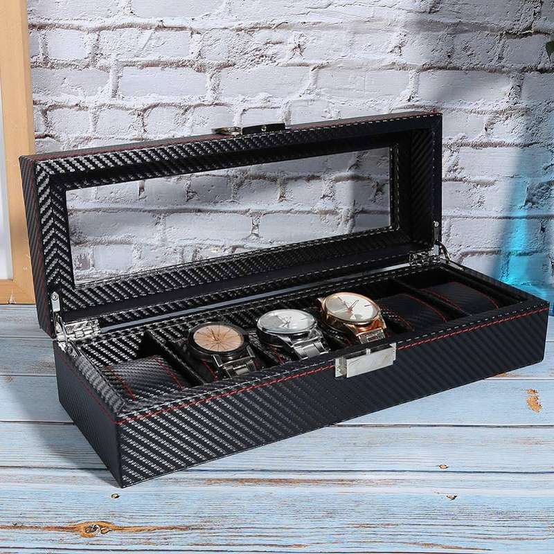 CellTime 6 Slot Watch Box Organizer Carbon Fiber Look PU Leather