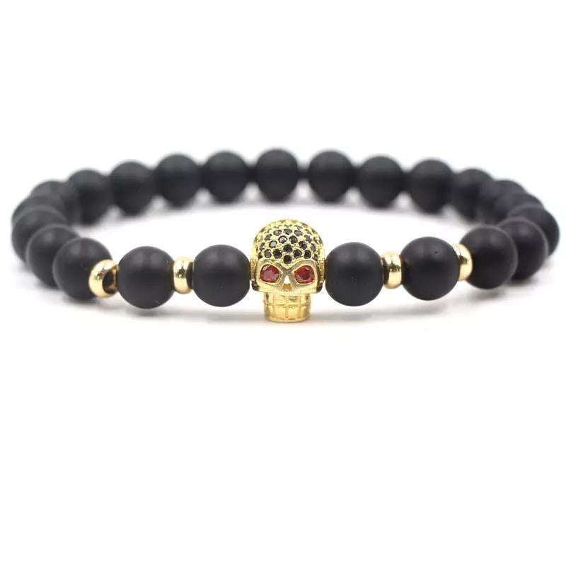 Argent Craft Black Matte Agate Bracelet With Skull Red Eyes(gold)