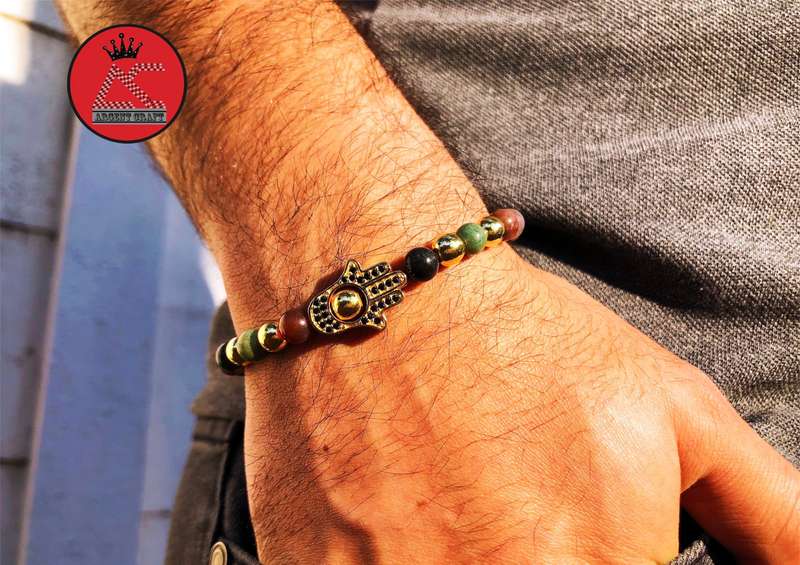 Argent Craft Natural Healing Stone Bracelet With Gold Hamsa Hand