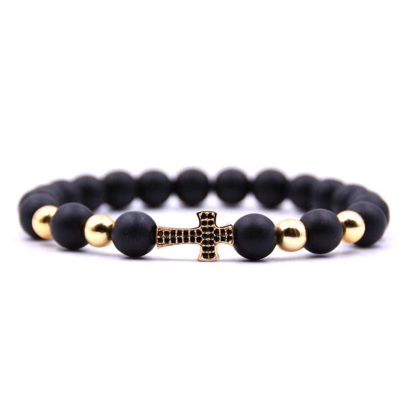 Argent Craft Black Matte Agate Cross Prayer Bracelet (Gold)
