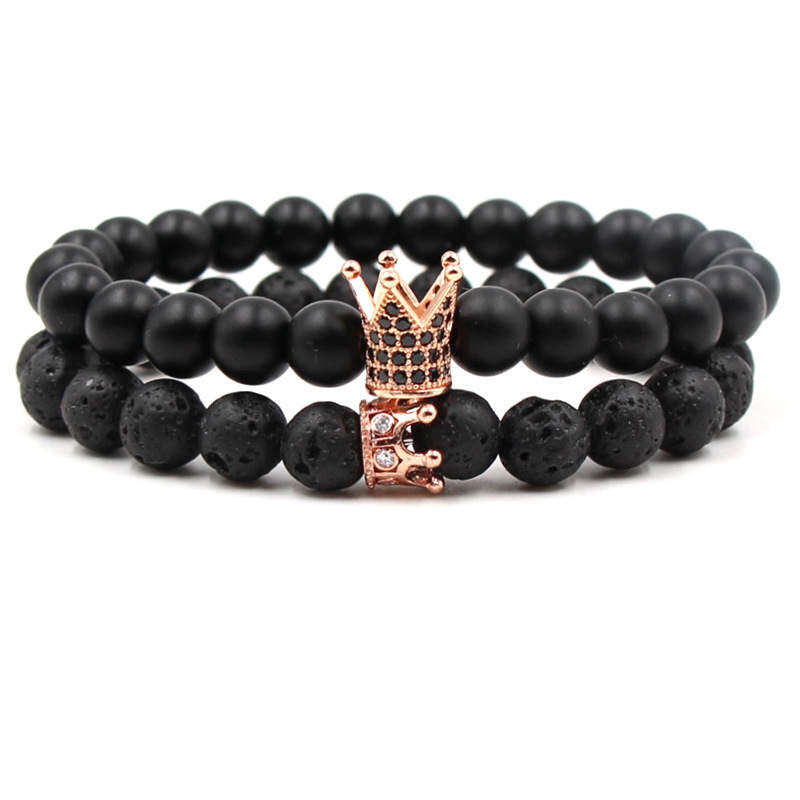Argent Craft Natural Lava Stone & Black Matte Agate Stone Couples Bracelet with King and Queen Cr...