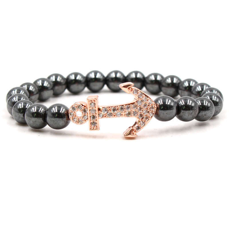 Argent Craft Natural Shiny Black Agate Stone With Rose Gold Anchor and Zirconia