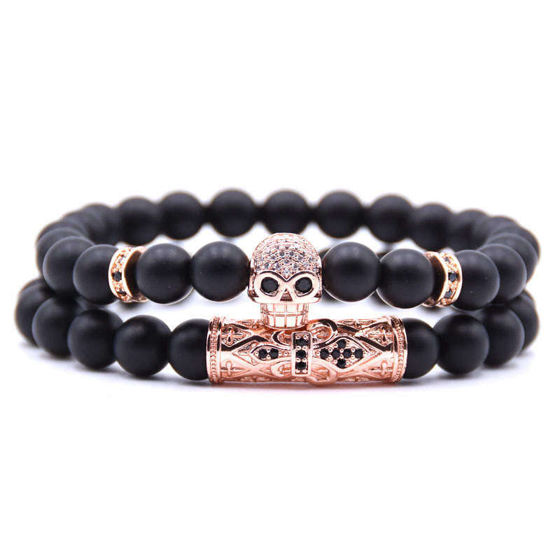 Argent Craft Natural Black Matte Agate Stone Rose Gold Skull & Ancient Scroll