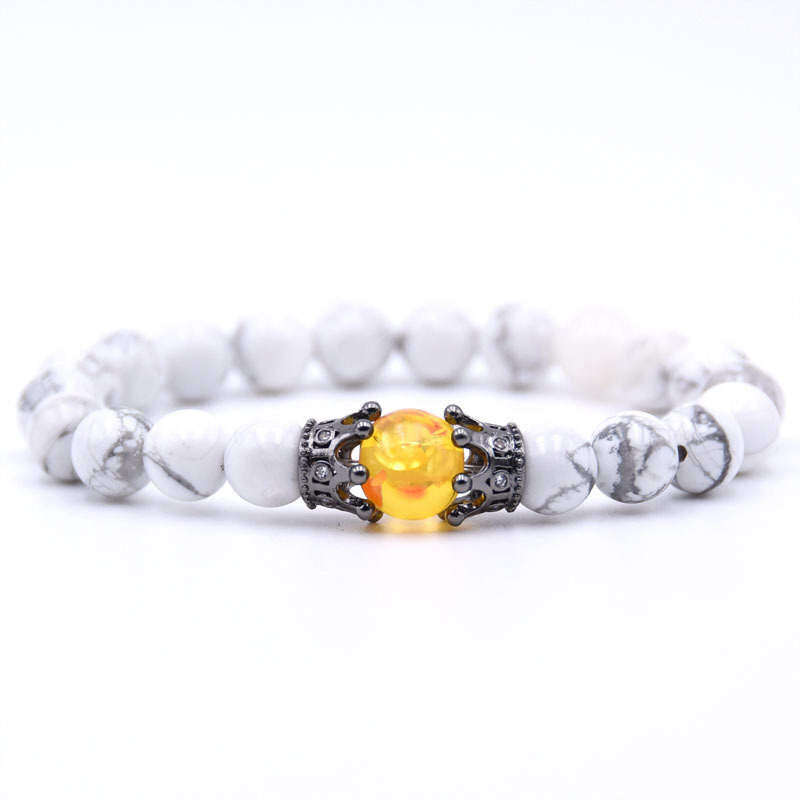 Argent Craft Natural White Howlite Stone Bracelet with Red/Yellow Amber and Two Crowns