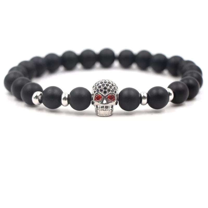 Argent Craft Black Matte Agate Bracelet With Skull (silver)