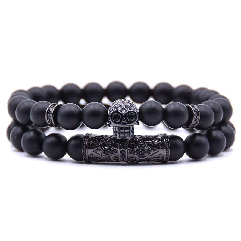 Argent Craft Natural Black Matte Agate Stone Black Skull & Ancient Scroll