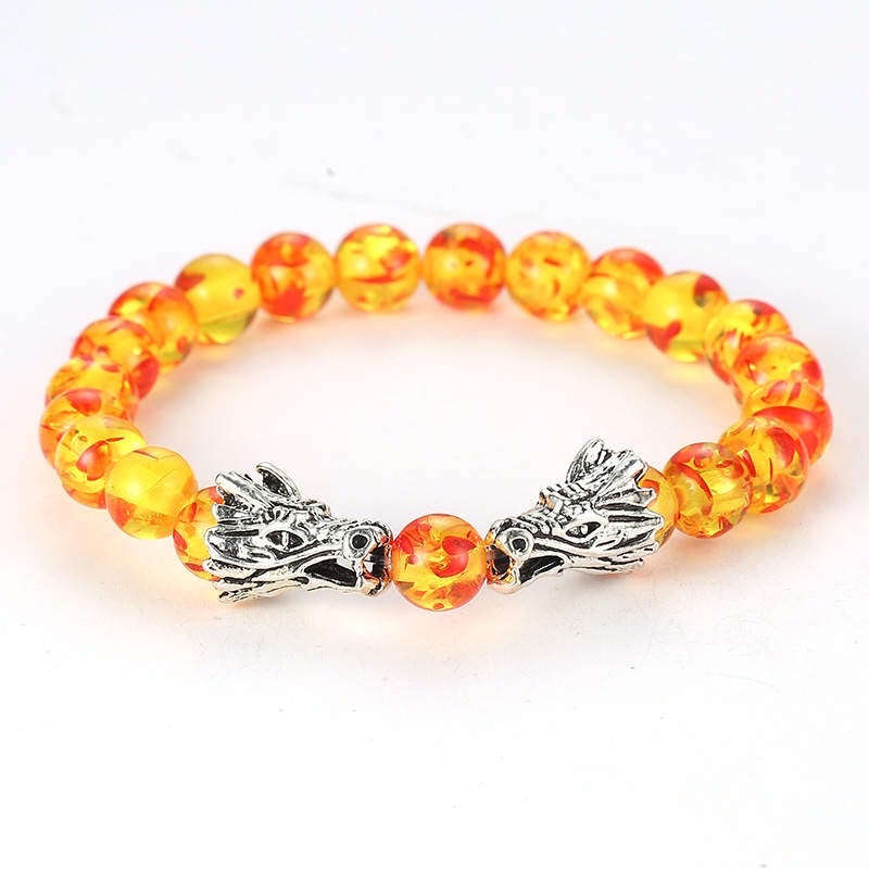 Argent Craft Natural Red/Yellow Amber Stone Bracelet with Dragon Heads (Silver)