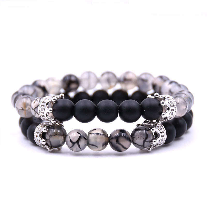 Argent Craft Chrystal Quartz & Black Matte Agate Matching Couple Bracelet