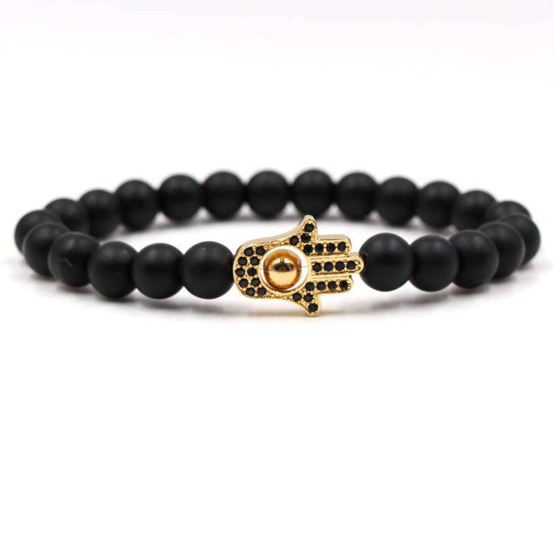 Argent Craft Black Matte Agate Stone with Gold Hamsa Hand