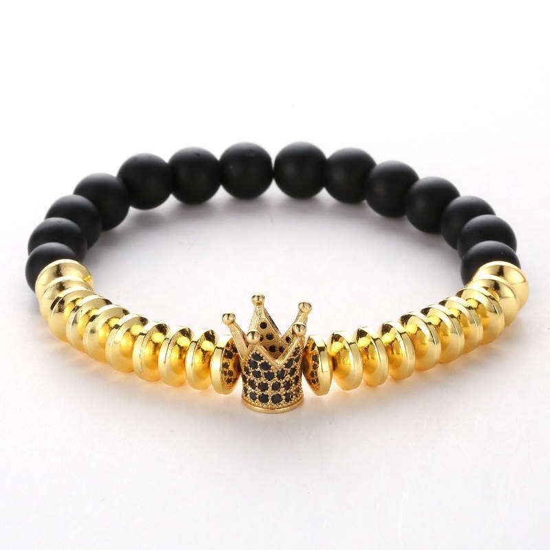 Argent Craft Black Matte Agate Stone & Rings With Gold Crown