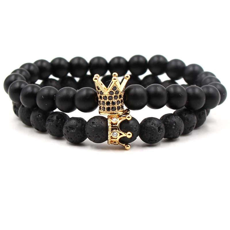 Argent Craft Natural Lava Stone & Black Matte Agate Stone Couples Bracelet with King and Queen Cr...