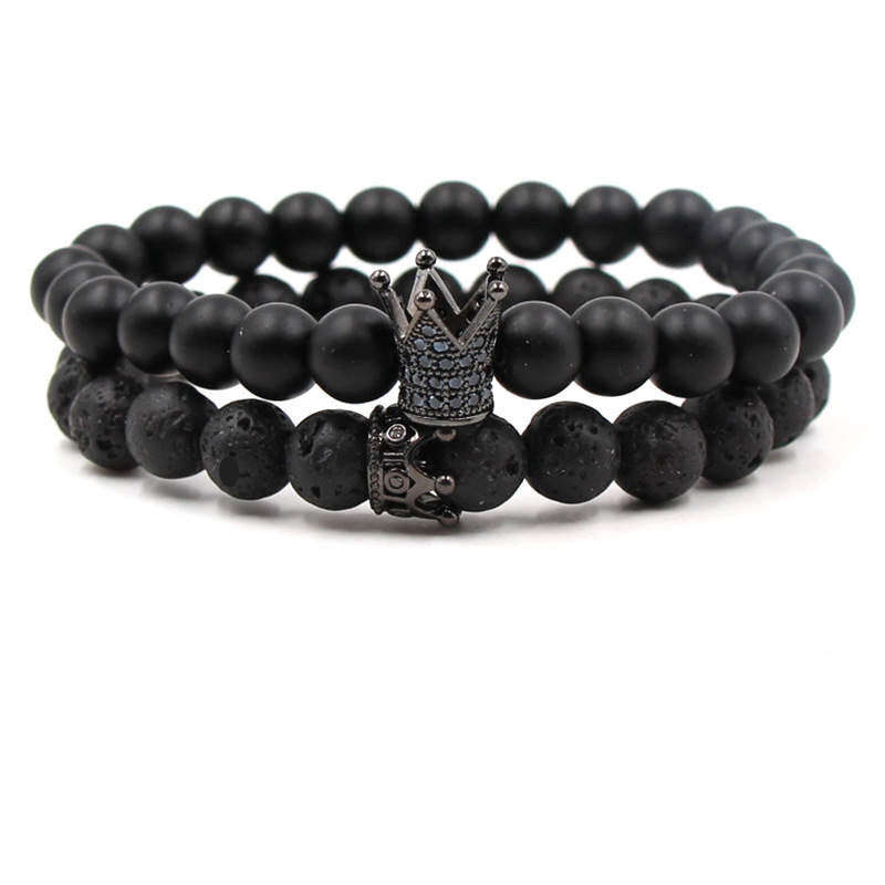 Argent Craft Natural Lava Stone & Black Matte Agate Stone Couples Bracelet with King and Queen Cr...