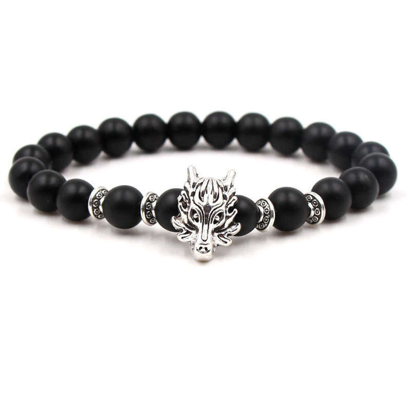 Argent Craft Natural Black Matte Agate Bracelet with Dragon Head(Silver)