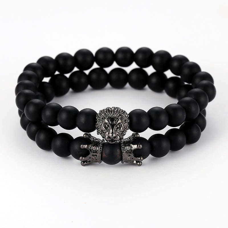 Argent Craft Black Matte Agate Royalty Lion and Crown Bracelet (black)