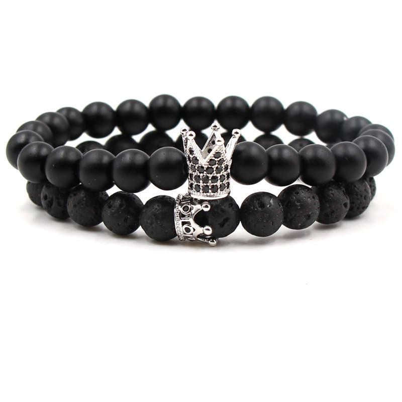 Argent Craft Natural Lava Stone & Black Matte Agate Stone Couples Bracelet with King and Queen Cr...