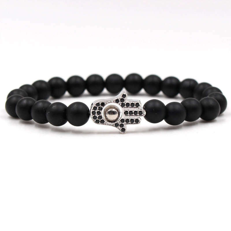 Argent Craft Black Matte Agate Stone with Hamsa Hand (Silver)