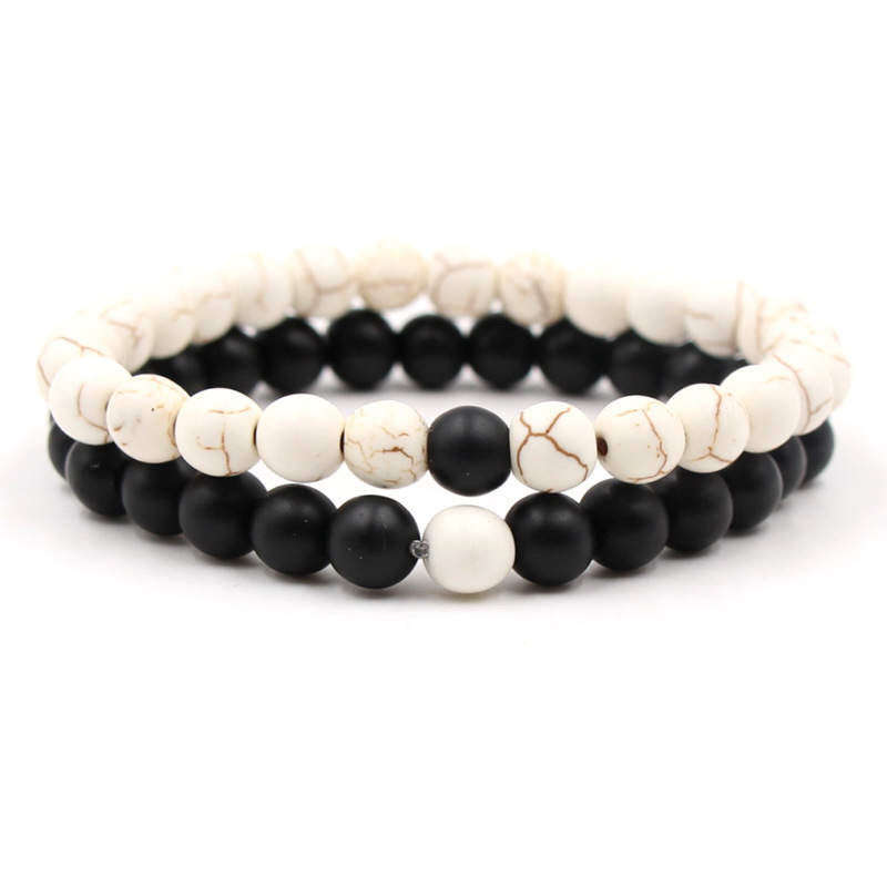 Argent Craft Black Matte Agate & White Onyx Couple Matching Set Bracelets.