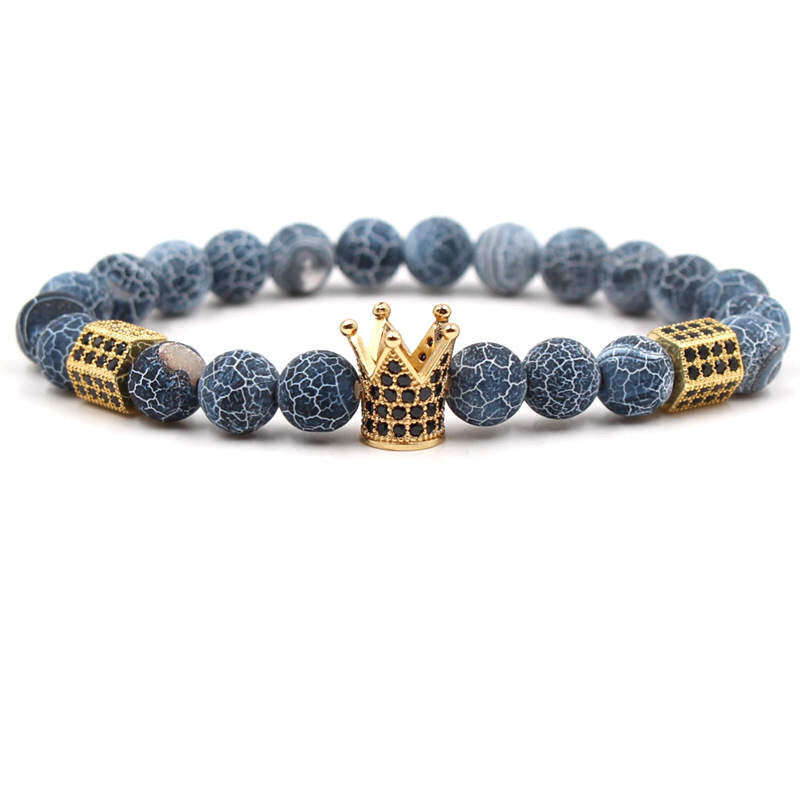 Argent Craft Natural Black & White Agate Stone Bracelet with Crown & Die (Gold)