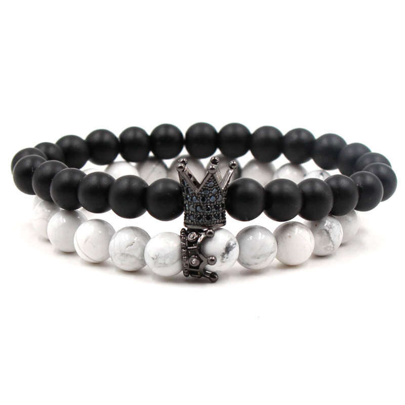 Argent Craft Natural White Howlite Stone & Black Matte Agate Stone Couples Bracelet with Crowns (...
