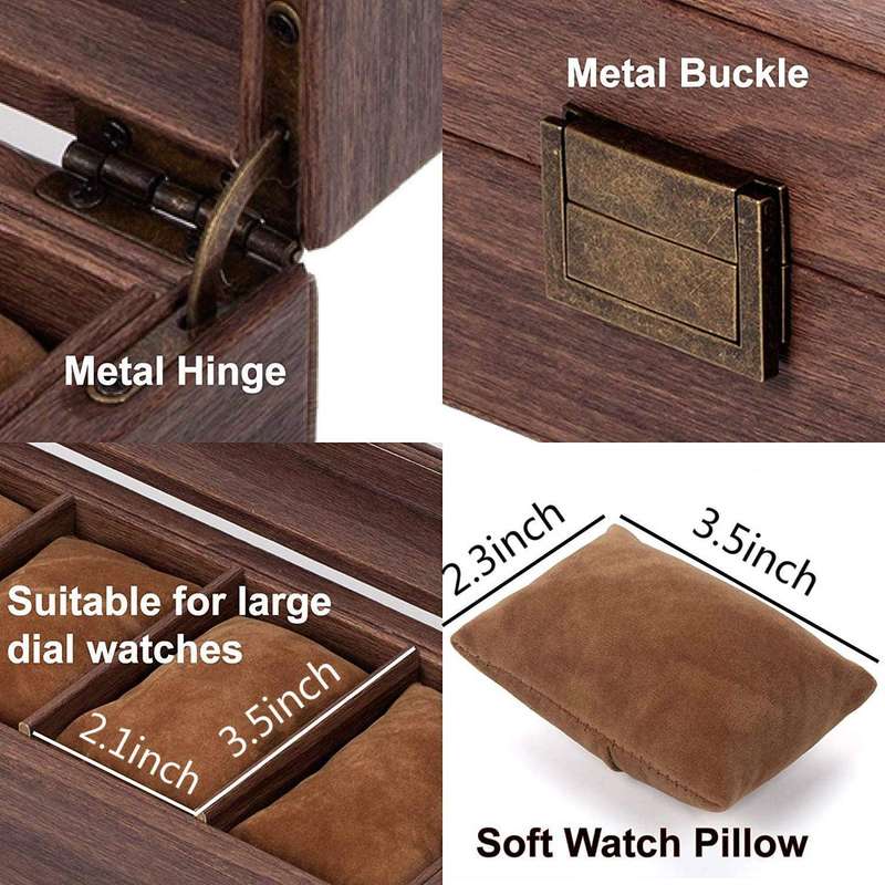 6 Slot Watch Box Organizer Wood-Look PU Leather with Glass Top