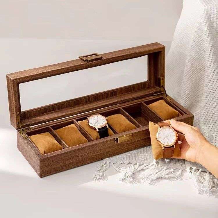 6 Slot Watch Box Organizer Wood-Look PU Leather with Glass Top