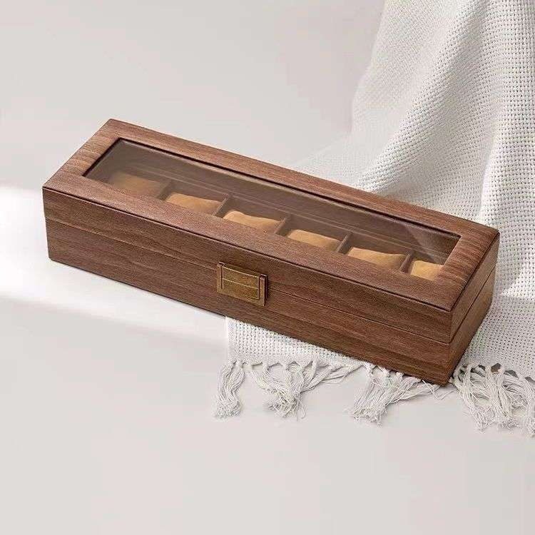 6 Slot Watch Box Organizer Wood-Look PU Leather with Glass Top