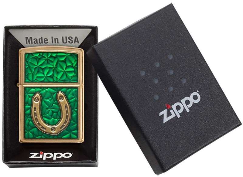 Zippo Lighter - Horseshoe on Shamrock Pattern Clover