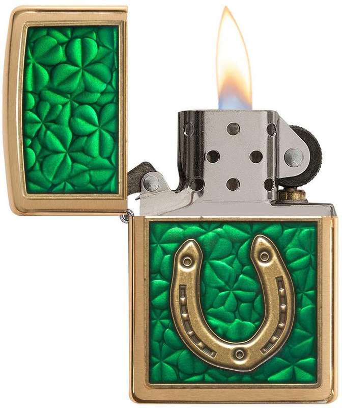 Zippo Lighter - Horseshoe on Shamrock Pattern Clover