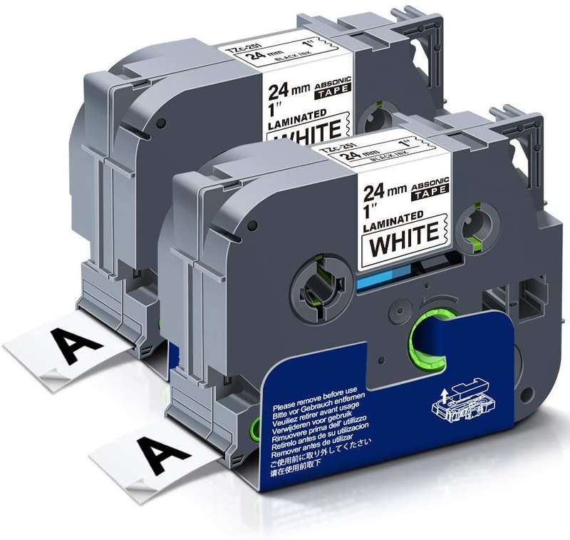 TZ-251 Label Tape Cartridge 24mm-Laminated Black On White-Pack Of 2