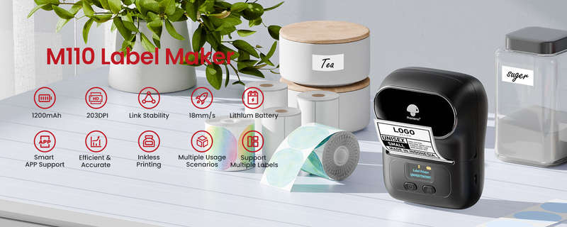 Phomemo M110 handheld barcode label maker with 1200mAh lithium battery, 203dpi resolution, and stable ink performance for efficient labeling.