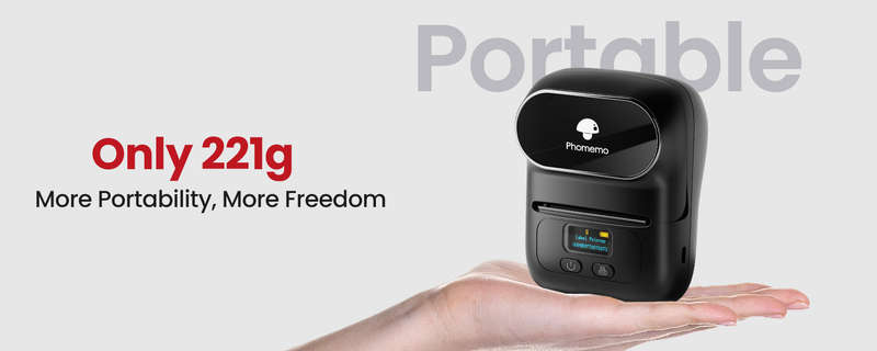 Phomemo M110 handheld barcode label maker, weighing only 221g, offering more portability and freedom for on-the-go labeling.