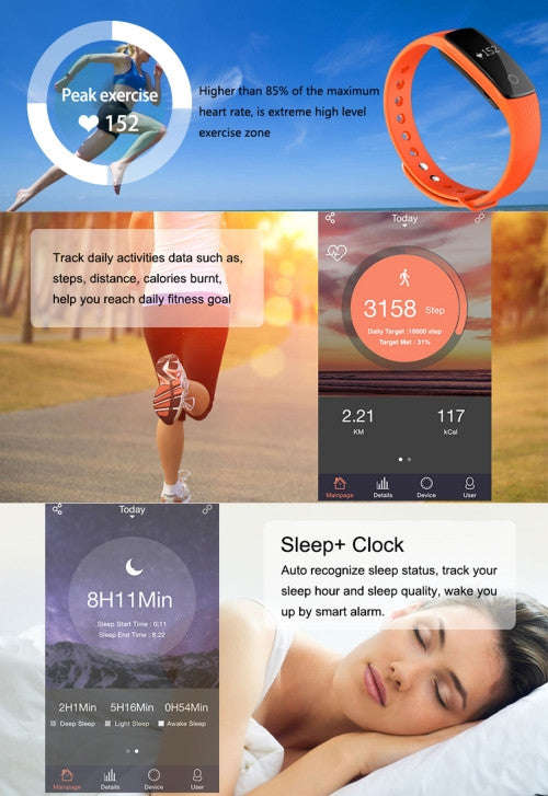 ID107HR Heart Rate Monitor Fitness Tracker Smart Wristband for iOS / Android Mobile Phone Pedomet...