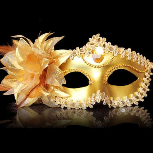 Halloween Masquerade Party Dance Plating Side Flower Feather Venice Princess Mask (Gold)-HC5970J
