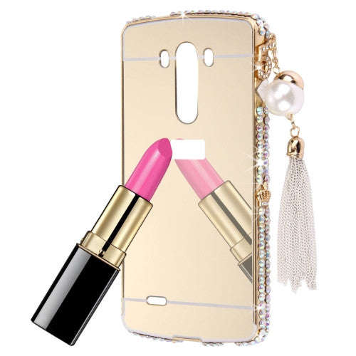 For LG G3 Pearl Chain Pendant Diamond Encrusted Electroplating Mirror PC Protective Cover Case(Gold)