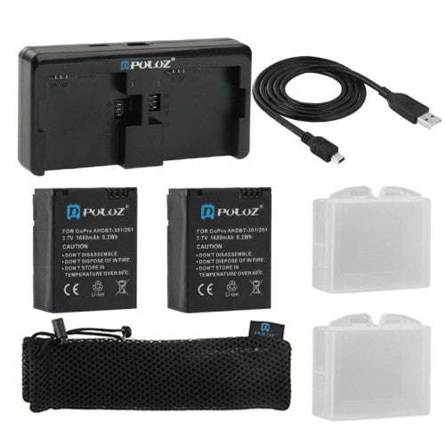 PULUZ 7 in 1 Accessories Charger Combo Kit (Batteries + Cable + Battery Charger + Mesh Bag) for G...