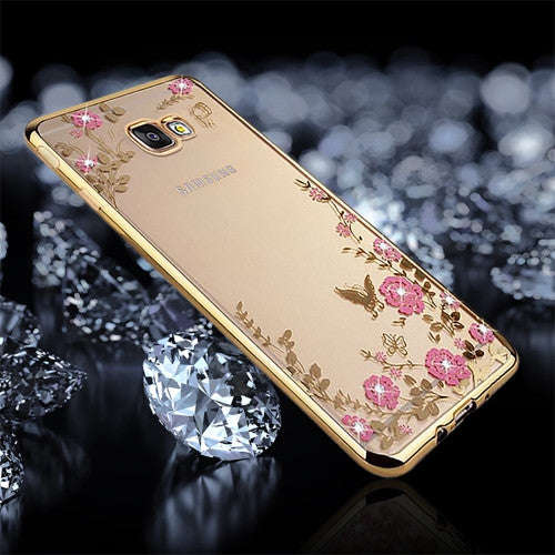 For Samsung Galaxy J7 Prime Flowers Pattern Diamond Encrusted Electroplating Soft TPU Protective ...
