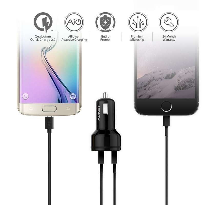 CC-T1 Aukey 30W 2-Port USB Car Charger with Qualcomm Quick Charge 2.0 Technology & AiPower Adapti...