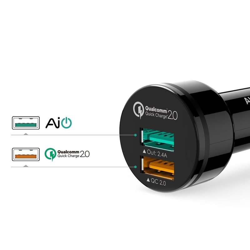 CC-T1 Aukey 30W 2-Port USB Car Charger with Qualcomm Quick Charge 2.0 Technology & AiPower Adapti...