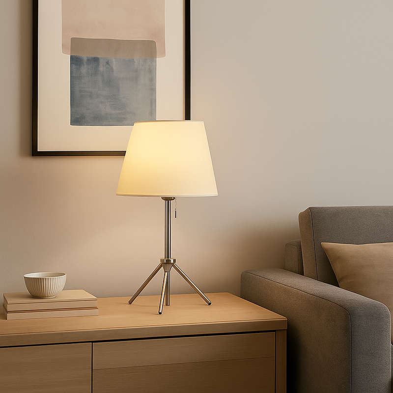 Tripod Chrome Table Lamp & Fabric Shade