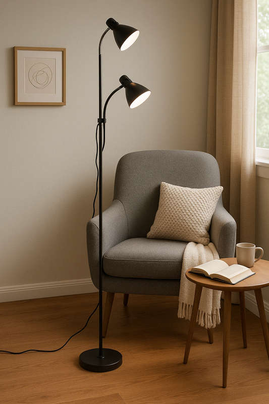 Black & Chrome Floor Lamp with Gooseneck Arms