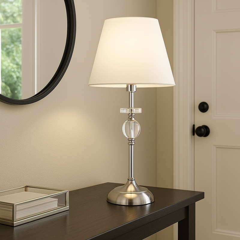 Satin Chrome & Clear Acrylic Table Lamp with White Shade