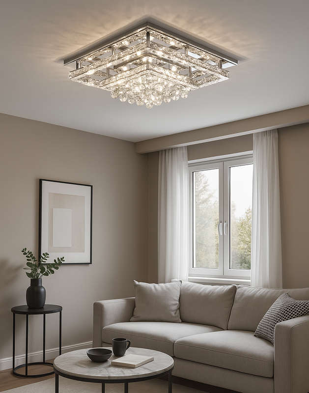 Square Chrome & Crystal LED Ceiling Fitting